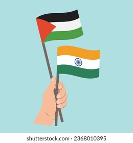 Flags of Palestine and India, Hand Holding flags