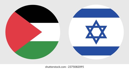 Banderas de Palestina e Israel. Icono de indicador de botón. Color estándar. Indicador de icono de círculo. Ilustración del equipo. Ilustración digital. Ilustración vectorial.