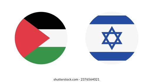 Banderas de Palestina e Israel. Icono de indicador de botón. Color estándar. Indicador de icono de círculo. Ilustración del equipo. Ilustración digital. Ilustración vectorial.