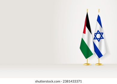 Flags of Palestine and Israel on flag stand, meeting between two countries. Vector template.