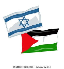 Flags of Palestine and Israel for relations between countries, political conflict and war illustration, flat vector isolated.
