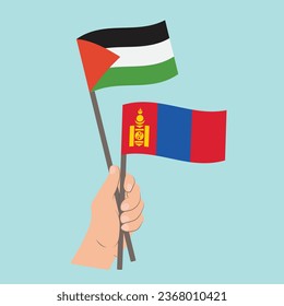 Banderas de Palestina y Mongolia, con banderas de mano