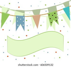 Flags and pennants on a rope against a background of colorful confetti. Vector illustration