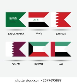 Flags of the Persian Gulf countries. United Arab Emirates, Saudi Arabia, Qatar, Bahrain, Kuwait, Iraq