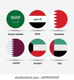 Banderas de los países del Golfo Pérsico. Emiratos Árabes Unidos, Arabia Saudita, Qatar, Bahrein, Kuwait, Iraq