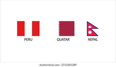 The flags of Peru, Qatar, and Nepal are shown in a simple, clean design, perfect for various uses