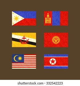 Flags of Philippines, Brunei, Malaysia, Mongolia, Kyrgyzstan and North Korea. Flags with light grunge dirty effect.