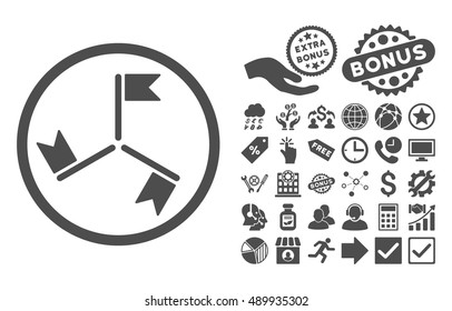 Flags pictograph with bonus icon set. Vector illustration style is flat iconic symbols, gray color, white background.