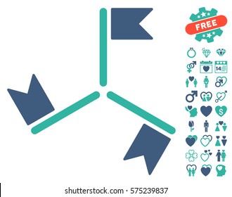 Flags pictograph with bonus valentine pictograms. Vector illustration style is flat rounded iconic cobalt and cyan symbols on white background.