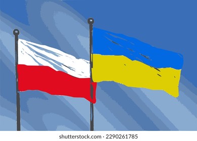 Las banderas de Polonia y Ucrania ondean juntas como símbolo de oposición a la agresión rusa, imagen vectorial.