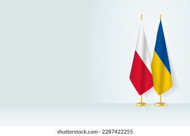 Flags of Poland and Ukraine on flag stand, meeting between two countries. Vector template.