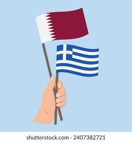 Flags of Qatar and Greece, Hand Holding flags
