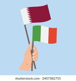 Flags of Qatar and Italy, Hand Holding flags