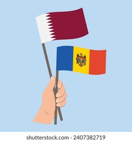 Flags of Qatar and Moldova, Hand Holding flags