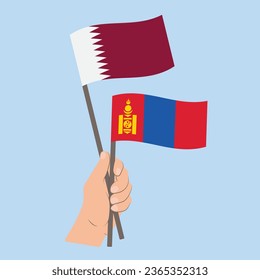 Banderas de Qatar y Mongolia, con banderas de mano