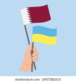 Flags of Qatar and Ukraine, Hand Holding flags