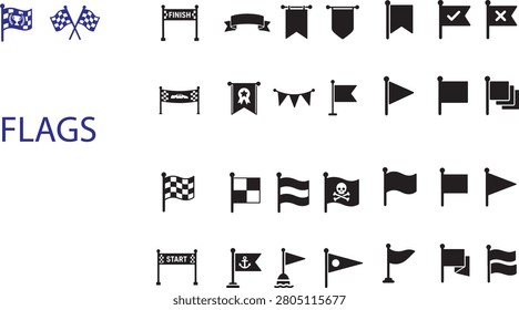 Flags and Racing Banners Icons Set Featuring Solid Glyph Icons of Sports Finish Lines Pennants Pennon Bunting Chequered Flags Pirate Skulls and Maritime Emblems Clean Vector