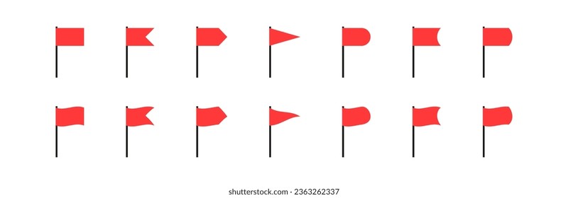 Flags red flat set. Flag waving for location map pointer icon collection. 