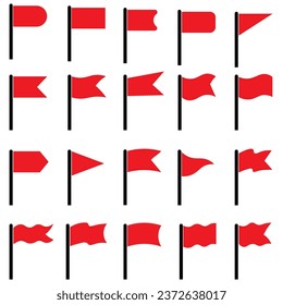 Flags red flat set. Waving flag for location map pointer icon collection on white background