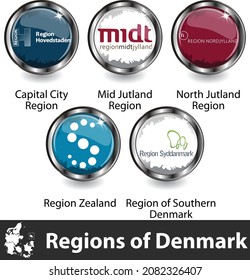 Flags of regions of Denmark in glossy badges. Vector image