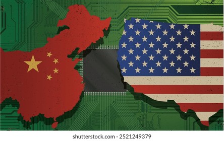 
Flags of the Republic of China and the United States on microchips of electronic printed circuit boards. Concept for world greatness in microchips and semiconductors.