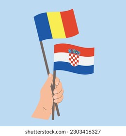 Flags of Romania and Croatia, Hand Holding flags