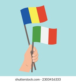 Flags of Romania and Italy, Hand Holding flags