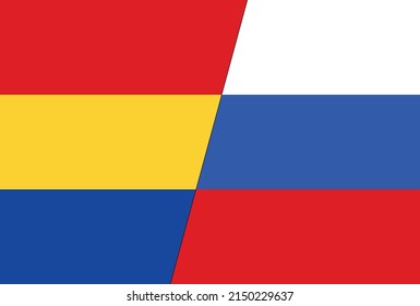 Flags of Romania and Russia separated by a diagonal line. The concept of political and economic relations between the two countries. Simple vector illustration