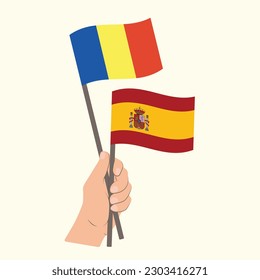 Flags of Romania and Spain, Hand Holding flags