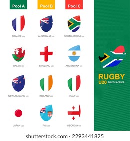 Flags in Rugby style sorted by pool for U20 rugby competition, rugby icon set. Vector collection.