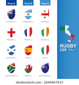 Flags in Rugby style sorted by pool for U20 rugby competition, rugby icon set. Vector collection.