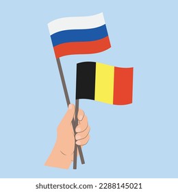 Flags of Russia and Belgium, Hand Holding flags