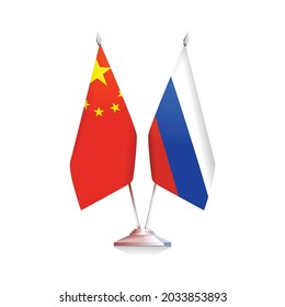 Flags of Russia and China on white background