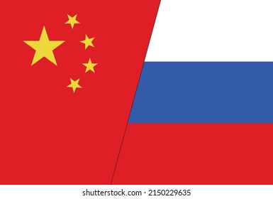 Flaggen Russlands und Chinas durch eine diagonale Linie getrennt. Das Konzept der politischen und wirtschaftlichen Beziehungen zwischen den beiden Ländern. Einfache Vektorgrafik