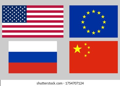 Flags Of Russia And Europe, China, Usa. Vector