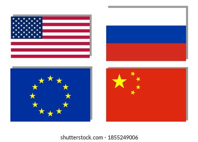 Flags Of Russia And Europe, China, Usa. Vector