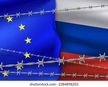 Flags of Russia and the European Union on a background of metal barbed wire. Economic sanctions against the Russian Federation. Vector illustration.