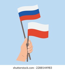 Flags of Russia and Poland, Hand Holding flags