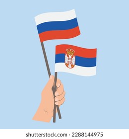 Flags of Russia and Serbia, Hand Holding flags