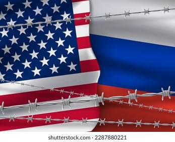 Flags of Russia and USA on a background of metal barbed wire. Economic sanctions against the Russian Federation. Vector illustration.