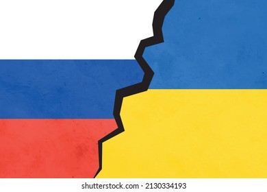 Flags of Russia vs Ukraine. Flag of the two countries. Grunge pattern with national flags icons of Russia and Ukraine on a broken weathered wall.