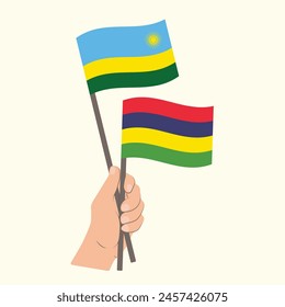 Flags of Rwanda and Mauritius, Hand Holding flags