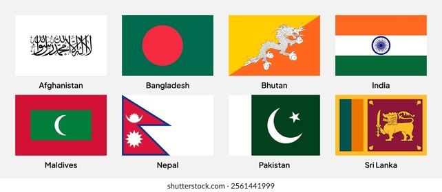 Flags of SAARC (South Asian Association for Regional Cooperation) member countries in rectangular shapes (3:2 ratio). Vector illustration.