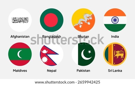 Flags of SAARC (South Asian Association for Regional Cooperation) member countries in flat round shapes, including India, Pakistan, Bangladesh, Sri Lanka, Nepal, and others. Vector illustration.