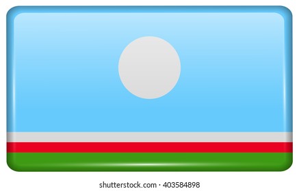 Flags of Sakha Republic in the form of a magnet on refrigerator with reflections light. Vector illustration