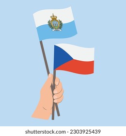 Flags of San Marino and Czech Republic, Hand Holding flags