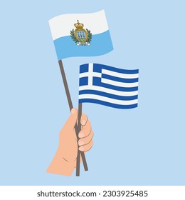 Flags of San Marino and Greece, Hand Holding flags