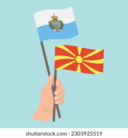 Flags of San Marino and North Macedonia, Hand Holding flags