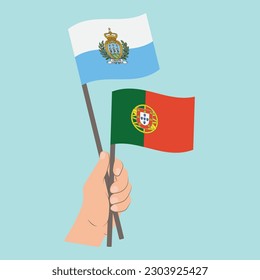 Flags of San Marino and Portugal, Hand Holding flags