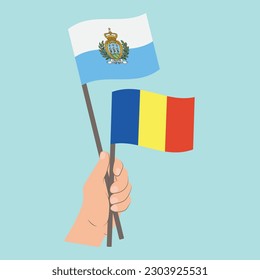 Flags of San Marino and Romania, Hand Holding flags